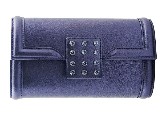 Felipe Varela blue leather clutch with Swarovski crystals