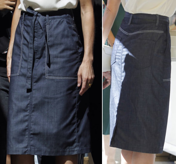 Caroline Herrera denim topstitch pockets midi pencil skirt