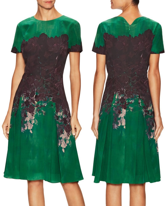 Carolina Herrera Green Silk Printed Crewneck Flared Dress