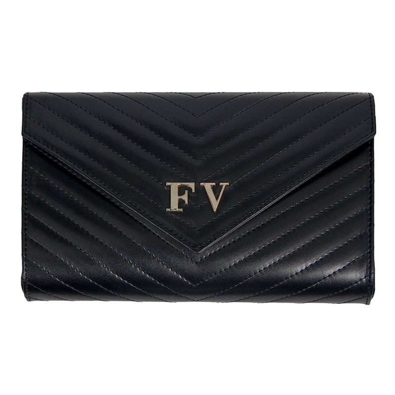 Felipe Varela black leather chevron quilted envelope clutch 