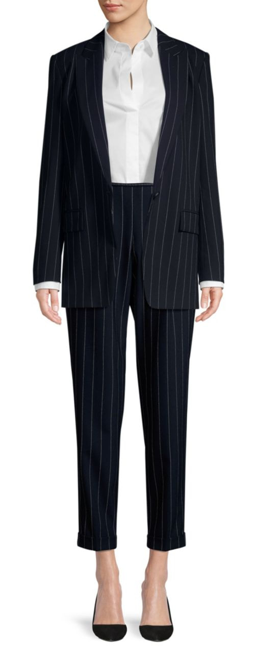 Hugo Boss pinstripe pant suit with Kocani blazer and Ariysa trousers