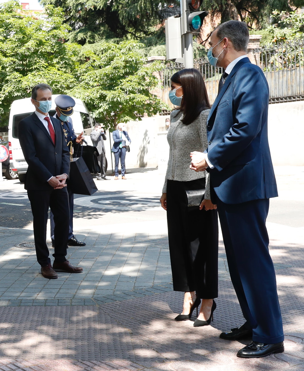 King Felipe VI and Queen Letizia of Spain arrive at the Elcano Royal Institute in Madrid on 25 May 2020
