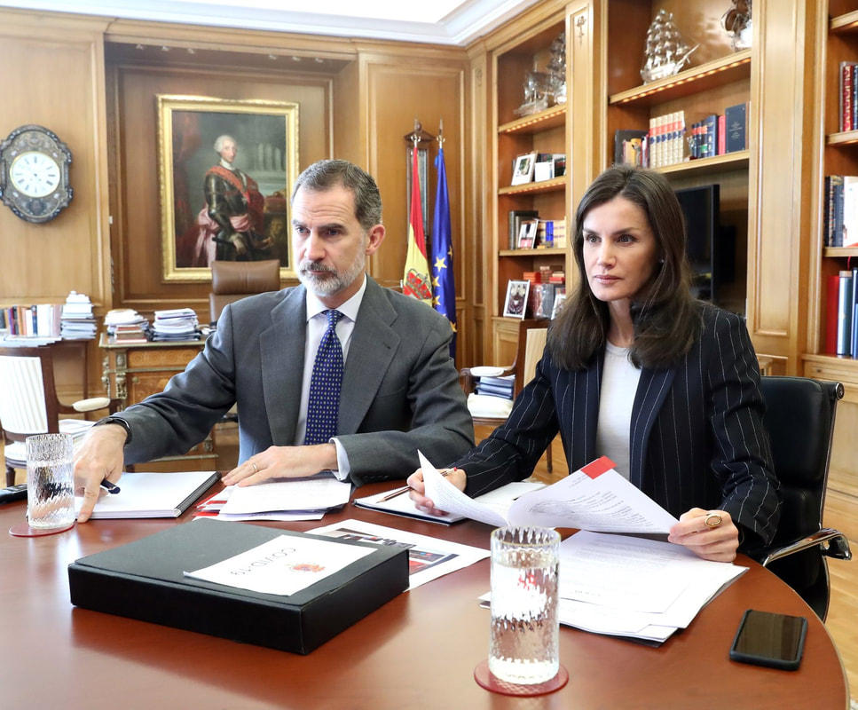 The King and Queen of Spain held video conferences on Friday 27 March 2020 at La Zarzuela Palace, Madrid. ​