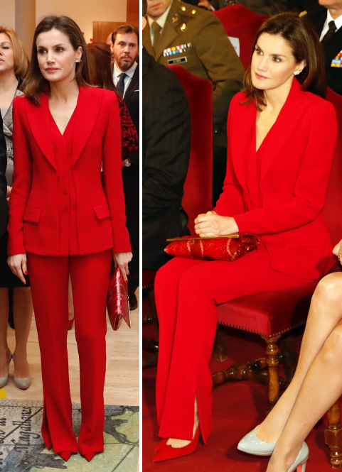 Queen Letizia wears Roberto Torretta red suit