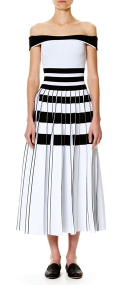 Carolina Herrera White/Black Striped Off-the-Shoulder Midi Dress