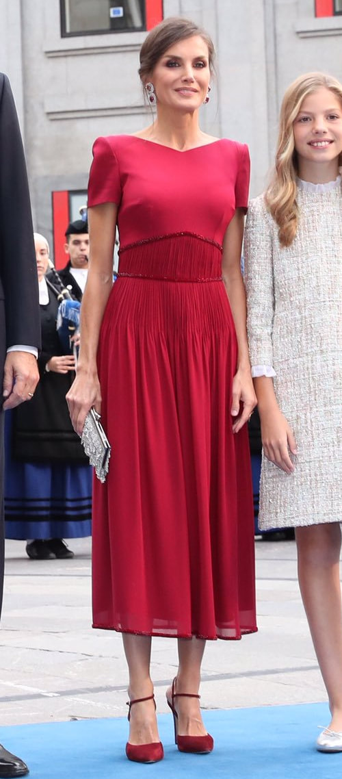 Queen Letizia wears burgundy red Felipe Varela chiffon midi dress for 2019 Princess of Asturias Awards.
