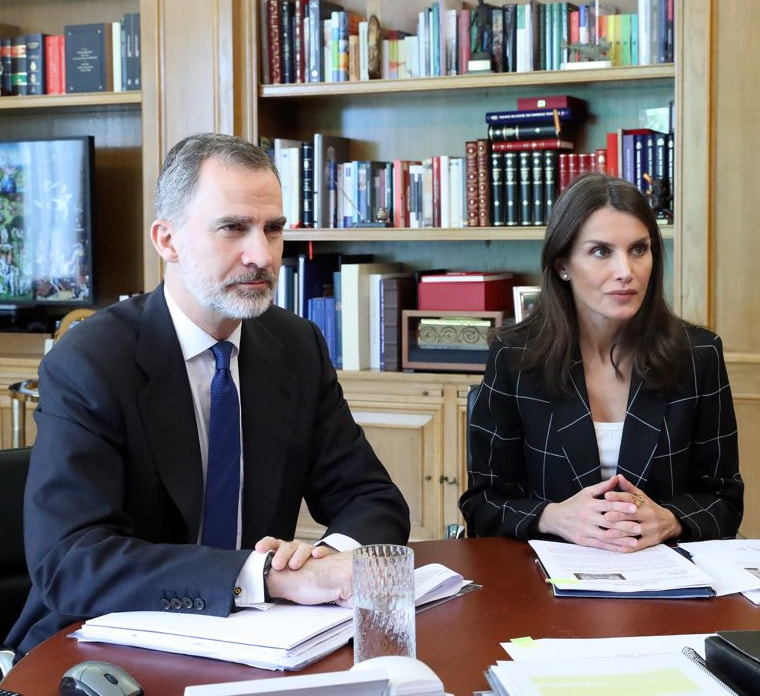 The King and Queen of Spain continued video conferences today from their home at the Palace of Zarzuela on 28 April 2020