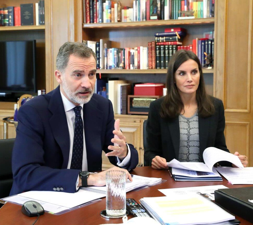 The King and Queen of Spain continued video conferences at the Palace of Zarzuela on 4 May 2020