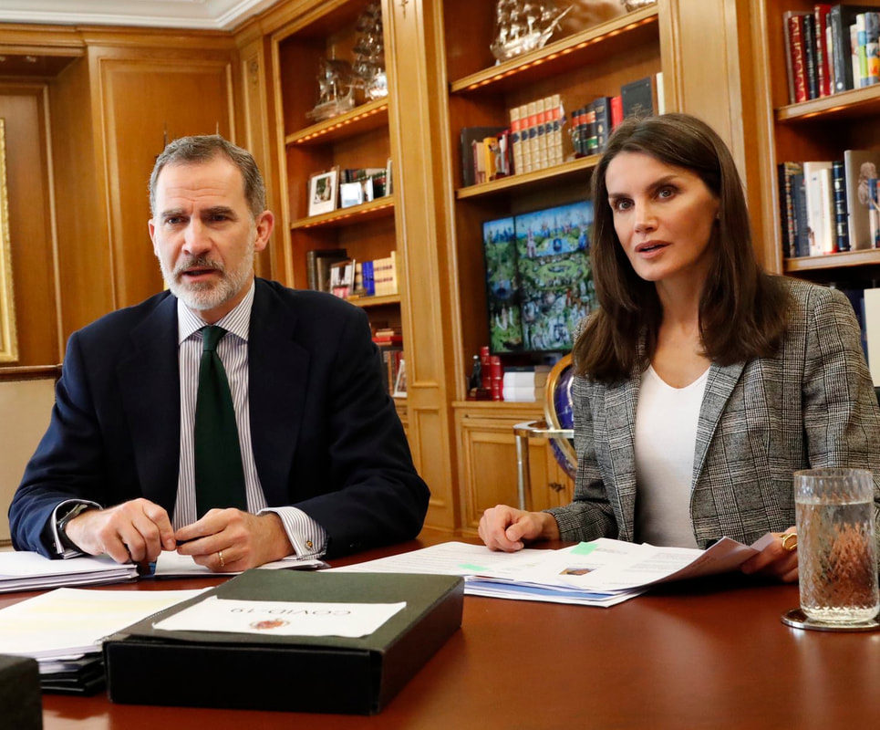 The King and Queen of Spain continued video conferences today from their home at the Palace of Zarzuela on 5 May 2020