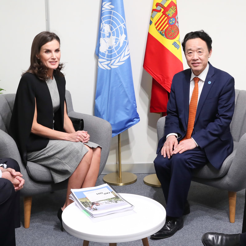 Queen Letizia meets Qu Dongyu the director-general of Food and Agriculture Organization of the United Nations
