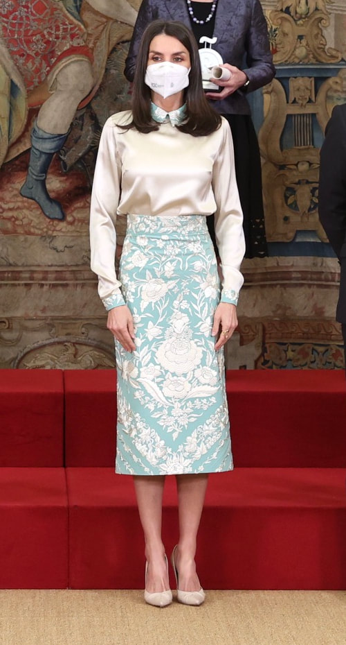 Queen Letizia wears Juan Duyos embroidered ensemble