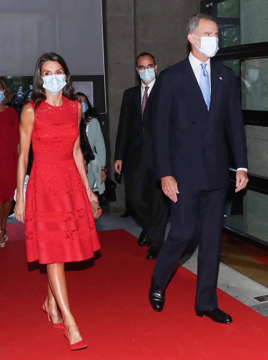 King Felipe VI and Queen Letizia attend the premiere of 'Un Ballo in Maschera' for the opening of the 24th season of the Teatro Real in Madrid on 18 September 2020
