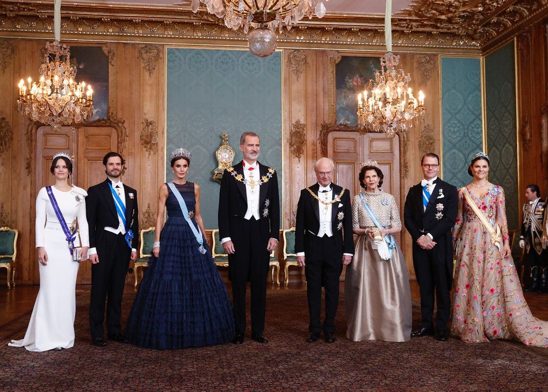 King Felipe VI and Queen Letizia of Spain attended a gala dinner in their honour hosted by King Carl XVI Gustaf and Queen Silvia at the Royal Palace in Stockholm accompanied by Crown Princess Victoria, Prince Daniel, Prince Carl Philip and Princess Sofia.