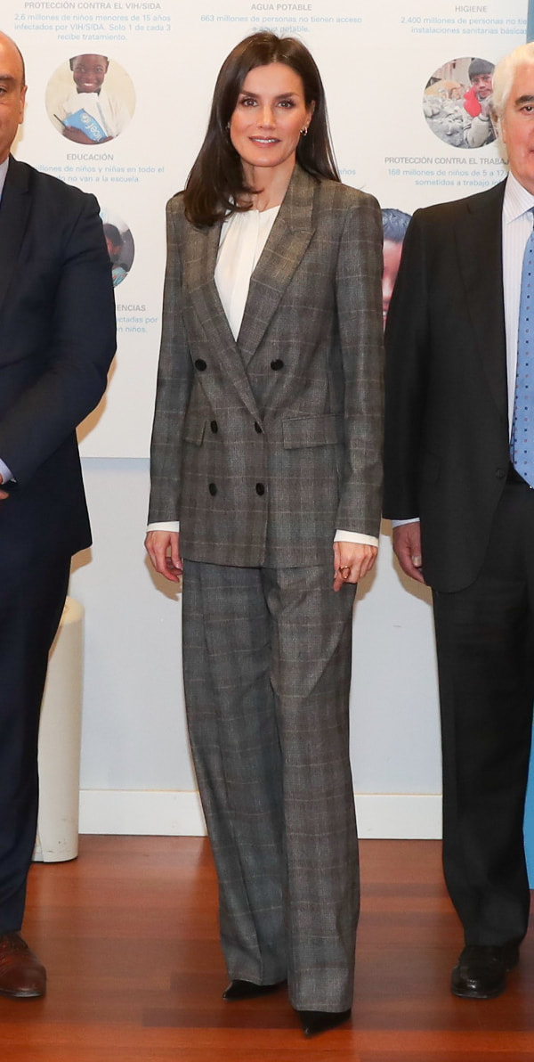 Queen Letizia wears Hugo Boss glen check pant suit for UNICEF Spanish Committee meeting