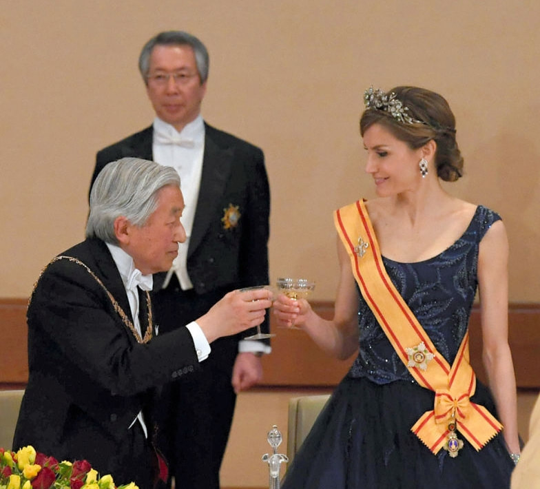 Queen Letizia wears Japanese Order of the Precious Crown which she was awarded during the Japanese state visit in 2017 by Emperor Akihito.