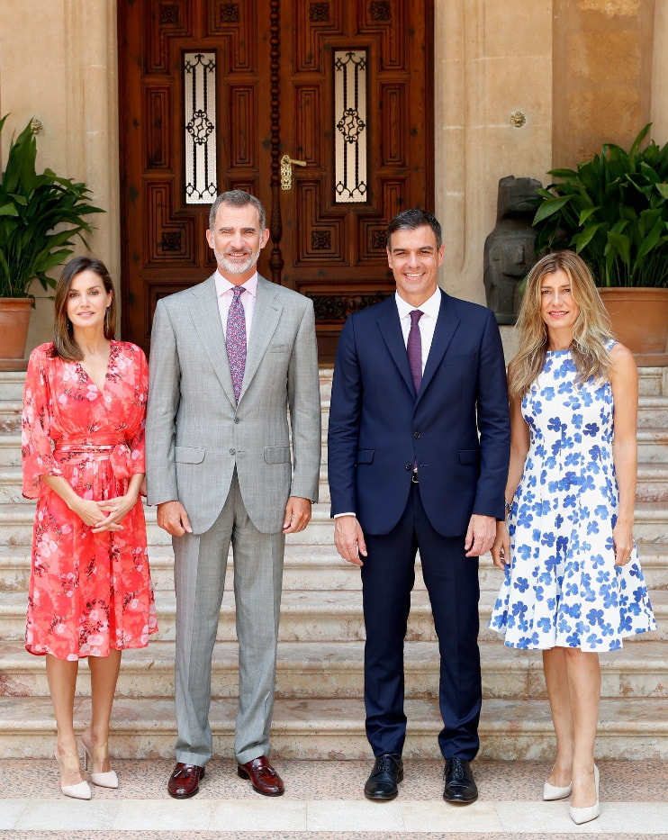 King Felipe and Queen Letizia welcome Spain's Prime Minister Pedro Sánchez Pérez-Castejón and his wife to their summer residence in Palma de Mallorca at Marivent Palace