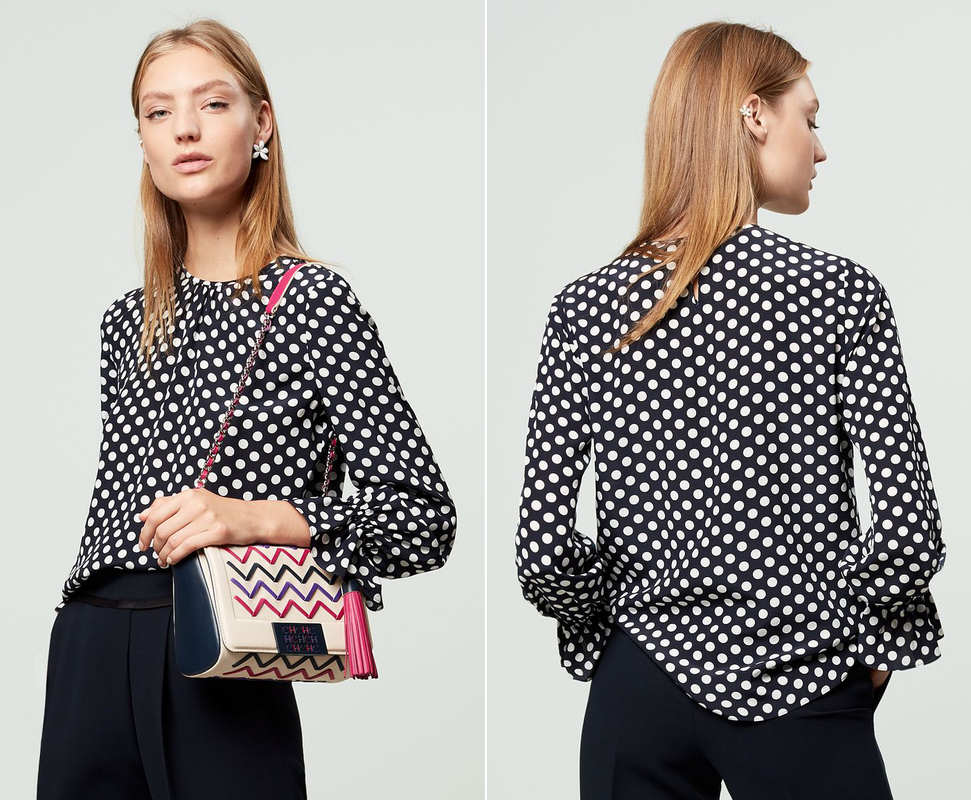 CH Carolina Herrera navy/ecru polka dot silk blouse from F/W 2017 Collection