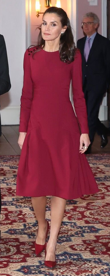 ​Carolina Herrera Button Detail Long Sleeve Dress in Red​ as seen on Queen Letizia.