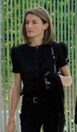 Princess Letizia wears black satin pintuck blouse 2008
