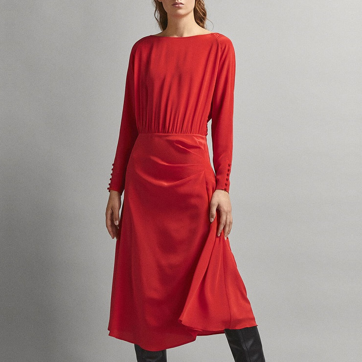 Massimo Dutti Long Sleeve Satin Midi Dress in Red