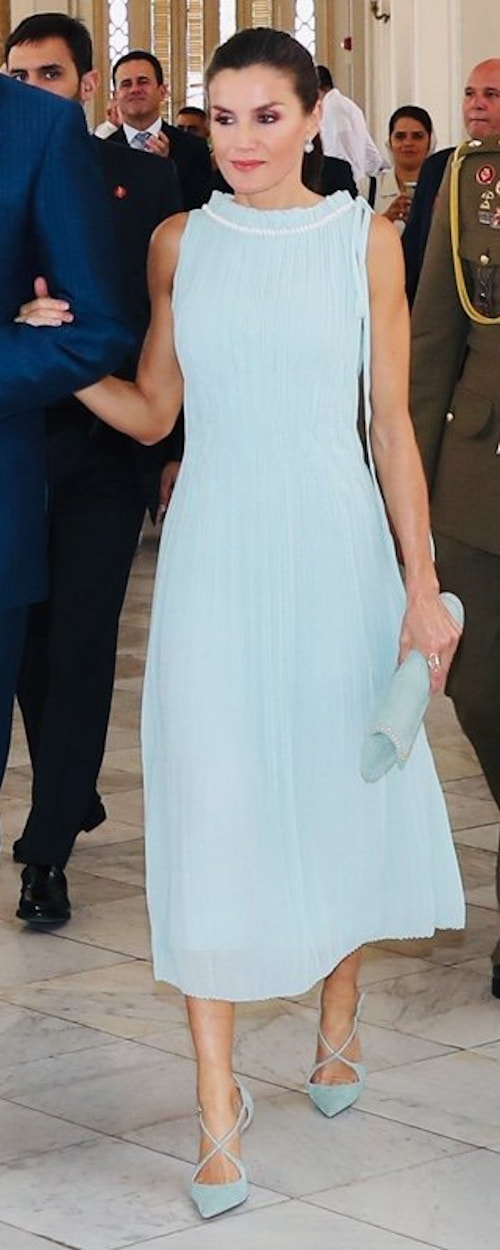 Nina Ricci Shell Embellished Plissée Midi Dress​ as seen on Queen Letizia.
