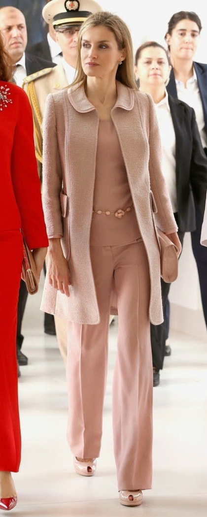 Felipe Varela Tweed Topper Coat in Blush Pink​ as seen on Queen Letizia.