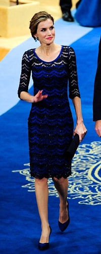Felipe Varela Embroidered Lace Dress in Blue & Black as seen on Queen Letizia