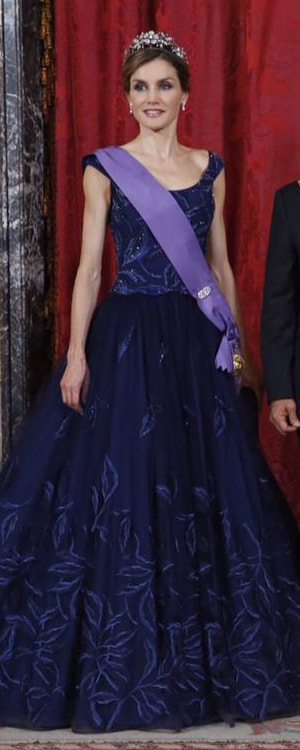 Felipe Varela Embroidered Leaf Motif Tulle Gown in Navy​ as seen on Queen Letizia.