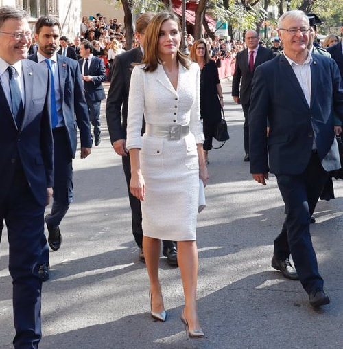 Queen Letizia wears white Felipe Varela tweed dress