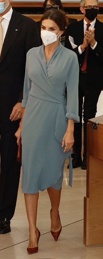 Adolfo Dominguez Wrap-Around Dress with Side Lacing in Light Blue as seen on Queen Letizia