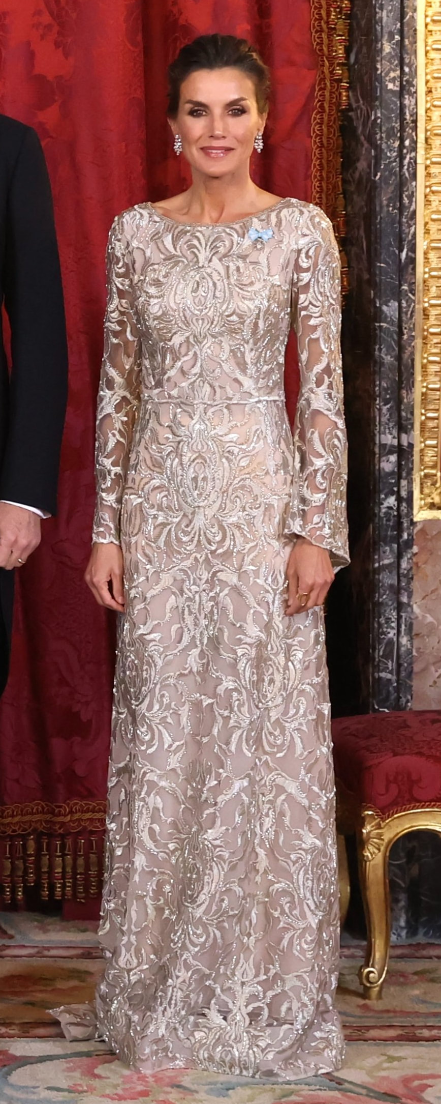Gabriel Lage Embroidered Gown in Champagne as seen on Queen Letizia.