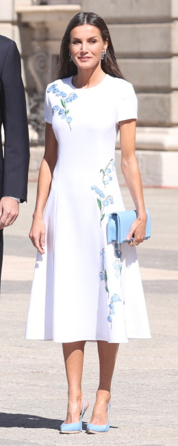 Carolina Herrera Floral Embroidered Short Sleeve Midi Dress in White as seen on Queen Letizia.
