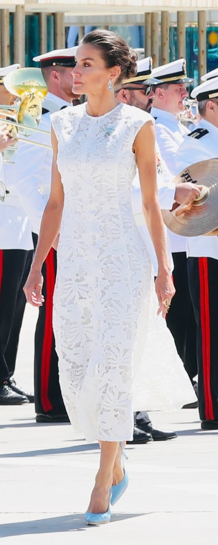Sfera guipure lace dress in white as seen on Queen Letizia.