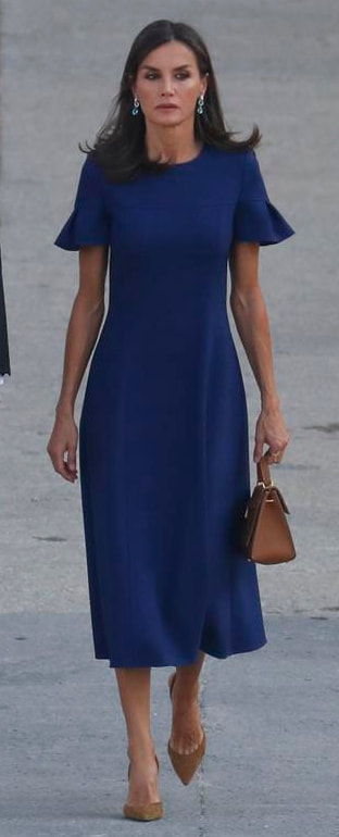 Carolina Herrera Flutter Sleeve Midi Dress​ in blue as seen on Queen Letizia.