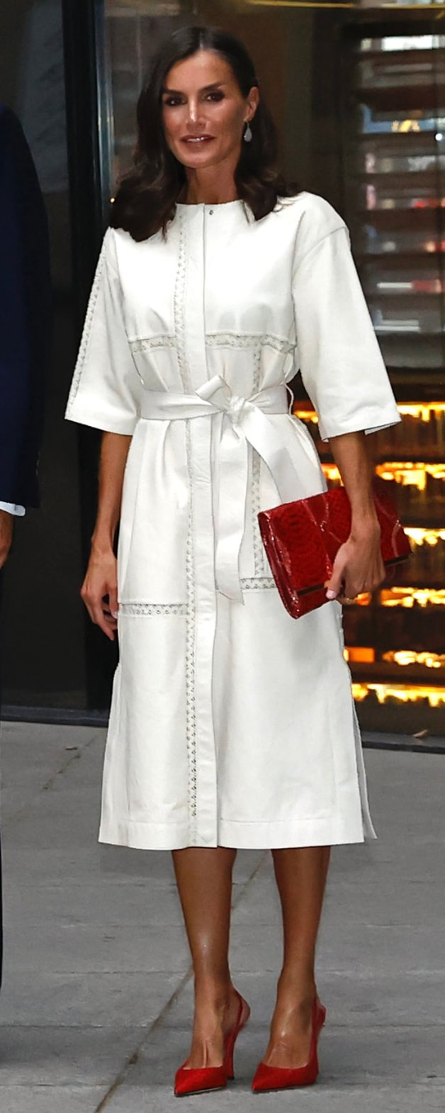 Massimo Dutti Embroidered Nappa Leather Dress in Cream​ as seen on Queen Letizia.