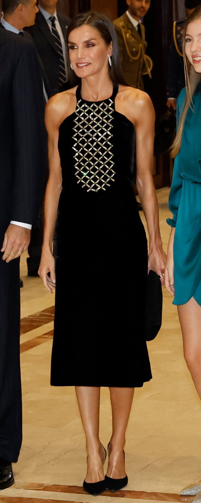 Teresa Helbig Bookwalk Collection Black Velvet Halter Dress as seen on Queen Letizia.