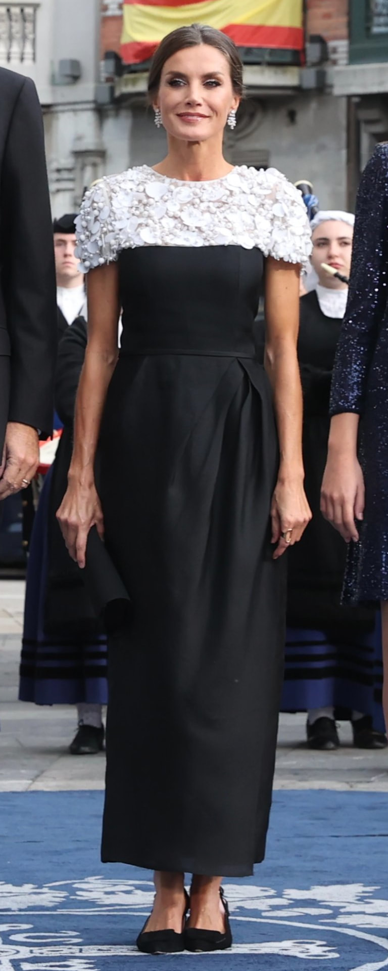 Carolina Herrera Black & White Embellished Yoke Dress​ as seen on Queen Letizia.
