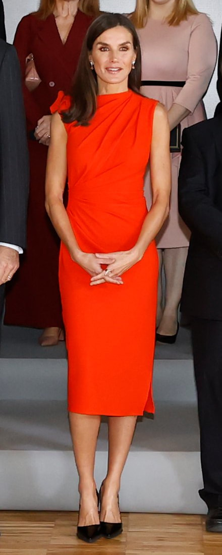 Zara x Narciso Rodriguez Ruched Dress in Orange as seen on Queen Letizia.
