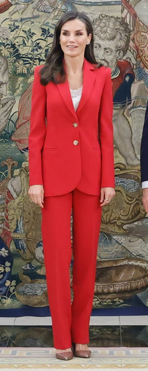 Carolina Herrera Longline Suit Jacket in Red as seen on Queen Letizia