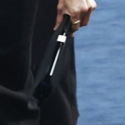 Queen Letizia carries black satin ​Lambertson Truex 182 Frame Clutch.