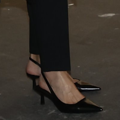 Queen Letizia wears Massimo Dutti Kitten Heel Slingback Pumps in Black Leather