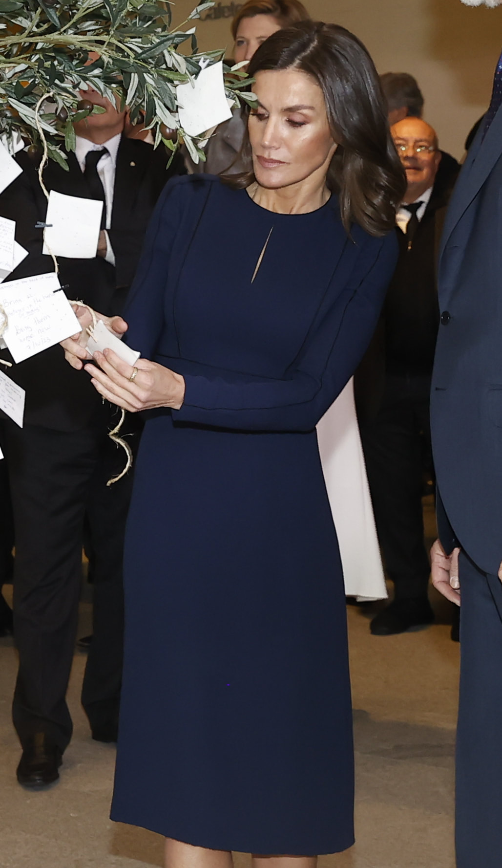 Queen Letizia wears Carolina Herrera Piped Keyhole Sheath Dress in Blue