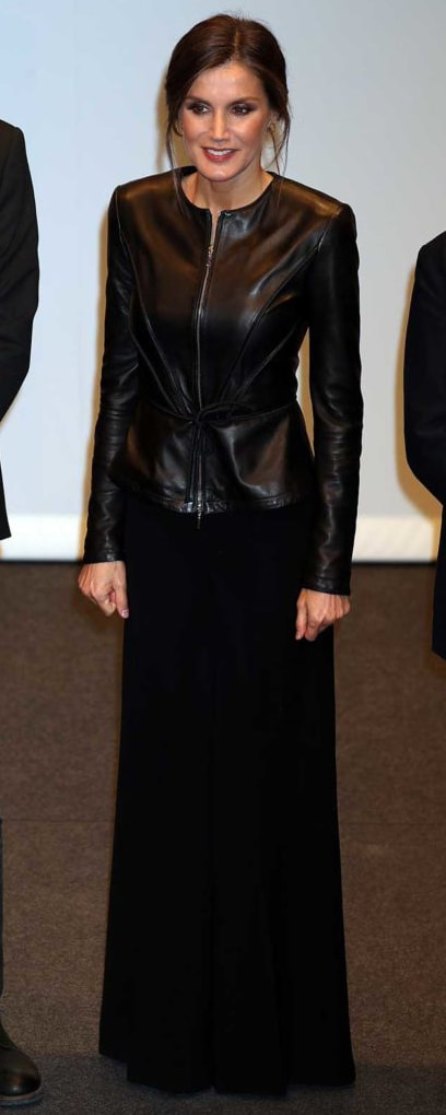 Emporio Armani Tie Detail Pleated Leather Jacket​ as seen on Queen Letizia.