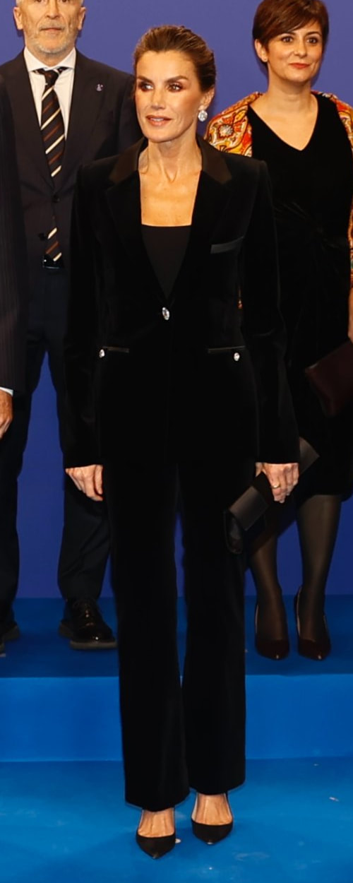 Paco Rabanne Velvet Trousers with Crystal Detail in Black as seen on Queen Letizia.