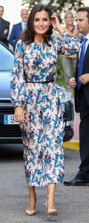 Queen Letizia wears Sandro Paris All-Over Print Long Silk Dress - 20 Sep 2019 - Visit to CREER in Burgos