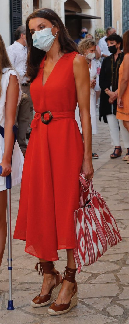 Adolfo Dominguez Textured Belted Midi Dress​ in Dark Red as seen on Queen Letizia.