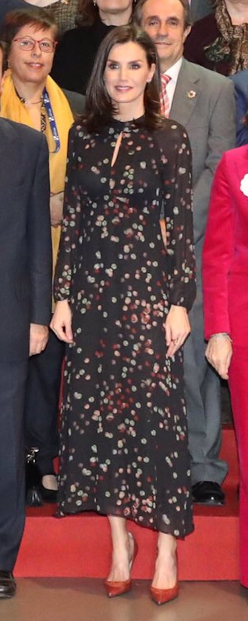 Queen Letizia wears confetti print Massimo Dutti shirt dress for FITUR 2020