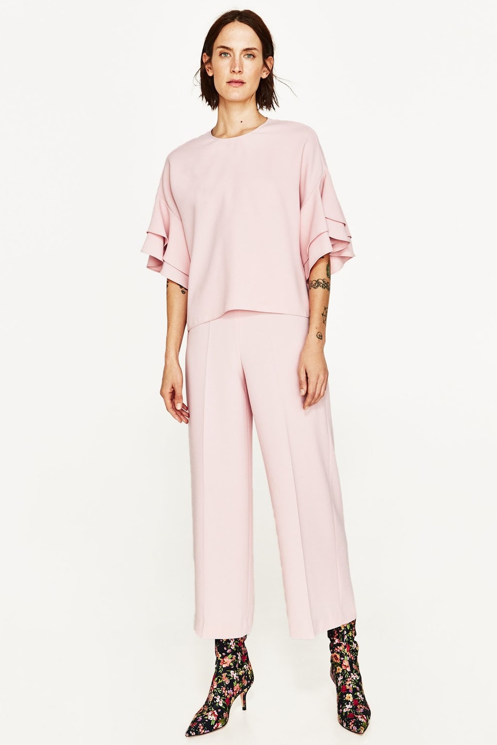 Zara pastel pink frill top and culottes