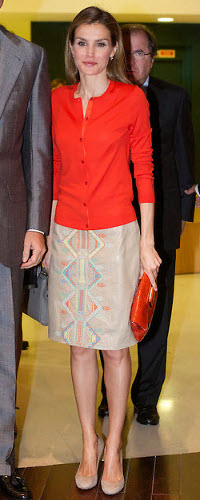 Ángel Schlesser Croc-Embossed Clutch Bag in Orange as carried by Queen Letizia.