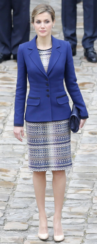 Felipe Varela Patterned Tweed Dress in Blue as seen on Queen Letizia.